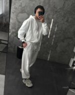 Мужской Белый Спортивный Костюм Оверсайз на Молнии с Вышивками - Трехнитка Петля