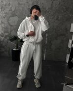 Мужской Белый Спортивный Костюм Оверсайз на Молнии с Вышивками - Трехнитка Петля