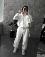 Мужской Белый Спортивный Костюм Оверсайз на Молнии с Вышивками - Трехнитка Петля