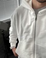 Мужской Белый Спортивный Костюм Оверсайз на Молнии с Вышивками - Трехнитка Петля