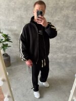 Мужской Свободный Черный Спортивный Костюм на Молнии с Двумя Полосками по Бокам (Зипка + Штаны)