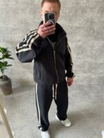 Мужской Свободный Графитовый Спортивный Костюм на Молнии с Двумя Полосками по Бокам (Зипка + Штаны)