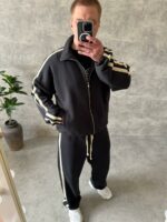 Мужской Свободный Графитовый Спортивный Костюм на Молнии с Двумя Полосками по Бокам (Зипка + Штаны)