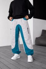 Мужские Широкие Серо-Синие Спортивные Штаны Плащевка с Затяжками Внизу