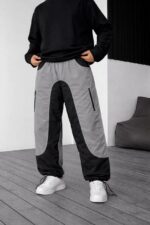Мужские Широкие Черно-Серые Спортивные Штаны Плащевка с Затяжками Внизу