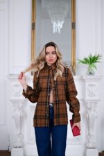 Женская Свободная Байковая Клетчатая Коричневая Рубашка