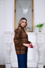 Женская Свободная Байковая Клетчатая Коричневая Рубашка