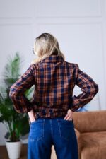 Женская Свободная Байковая Клетчатая Сине-Оранжевая Рубашка