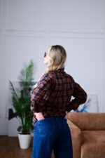 Женская Свободная Байковая Клетчатая Сине-Оранжевая Рубашка