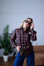 Женская Свободная Байковая Клетчатая Сине-Оранжевая Рубашка