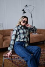 Женская Свободная Байковая Клетчатая Голубая Рубашка