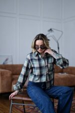 Женская Свободная Байковая Клетчатая Голубая Рубашка