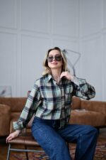 Женская Свободная Байковая Клетчатая Голубая Рубашка