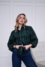 Женская Свободная Байковая Клетчатая Зеленая Рубашка