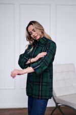 Женская Свободная Байковая Клетчатая Зеленая Рубашка