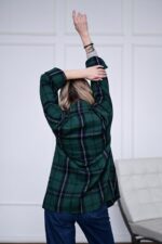 Женская Свободная Байковая Клетчатая Зеленая Рубашка