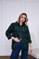 Женская Свободная Байковая Клетчатая Зеленая Рубашка