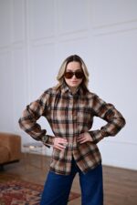 Женская Свободная Байковая Клетчатая Терракотовая Рубашка