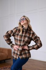 Женская Свободная Байковая Клетчатая Терракотовая Рубашка