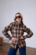 Женская Свободная Байковая Клетчатая Терракотовая Рубашка