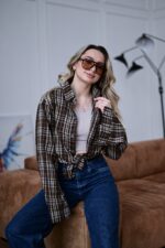 Женская Свободная Байковая Клетчатая Шоколадная Рубашка