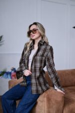 Женская Свободная Байковая Клетчатая Шоколадная Рубашка