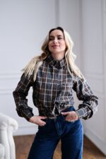 Женская Свободная Байковая Клетчатая Графитовая Рубашка