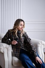 Женская Свободная Байковая Клетчатая Графитовая Рубашка