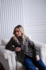 Женская Свободная Байковая Клетчатая Графитовая Рубашка