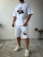 Мужской Летний Белый Костюм Комплект Оверсайз с Принтом Балаклава (Футболка + Шорты)