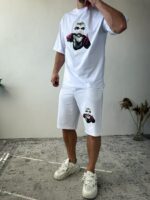 Мужской Летний Белый Костюм Комплект Оверсайз с Принтом Балаклава (Футболка + Шорты)