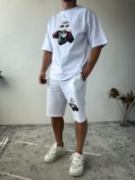 Мужской Летний Белый Костюм Комплект Оверсайз с Принтом Балаклава (Футболка + Шорты)