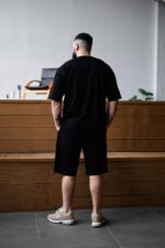 Мужской Летний Черный Костюм Комплект Оверсайз с Принтом Балаклава (Футболка + Шорты)