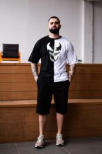 Мужской Летний Черно-Белый Костюм Комплект Оверсайз с Принтом Веном (Футболка + Шорты)