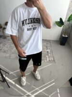 Мужской Летний Черно-Белый Костюм Комплект Оверсайз с Принтом Надписью (Футболка + Шорты)