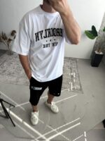 Мужской Летний Черно-Белый Костюм Комплект Оверсайз с Принтом Надписью (Футболка + Шорты)