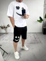 Мужской Летний Черно-Белый Костюм Комплект Оверсайз с Принтом Улыбка (Футболка + Шорты)