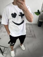 Мужской Летний Черно-Белый Костюм Комплект Оверсайз с Принтом Улыбка (Футболка + Шорты)