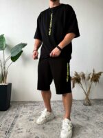 Мужской Летний Черный Костюм Комплект Оверсайз с Надписями (Футболка + Шорты)