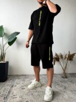 Мужской Летний Черный Костюм Комплект Оверсайз с Надписями (Футболка + Шорты)