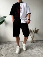 Мужской Черно-Белый Костюм Оверсайз - Комплект Футболка Шорты с Принтом Скелет