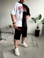 Мужской Черно-Белый Костюм Оверсайз - Комплект Футболка Шорты с Принтом Надписью