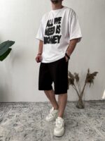 Мужской Черно-Белый Летний Костюм с Надписью - Оверсайз Комплект Белая Футболка и Черные Шорты