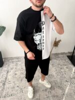 Мужской Черно-Белый Костюм Оверсайз - Комплект Футболка Шорты с Принтом Череп