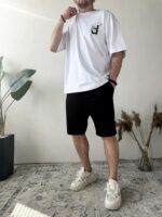 Мужской Базовый Летний Костюм Свободного Кроя - Комплект Белая Футболка и Черные Шорты