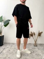 Мужской Черный Летний Костюм с Принтом на Спине - Оверсайз Комплект Футболка Шорты