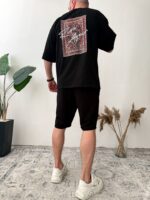 Мужской Черный Летний Костюм с Принтом на Спине - Оверсайз Комплект Футболка Шорты