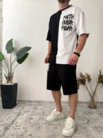 Мужской Черно-Белый Костюм Оверсайз с Надписью - Комплект Футболка Шорты