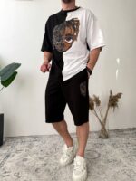 Мужской Черно-Белый Костюм Оверсайз с Принтом - Комплект Футболка Шорты