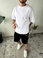 Мужской Летний Костюм Оверсайз с Надписью на Спине - Белая Футболка + Черные Шорты